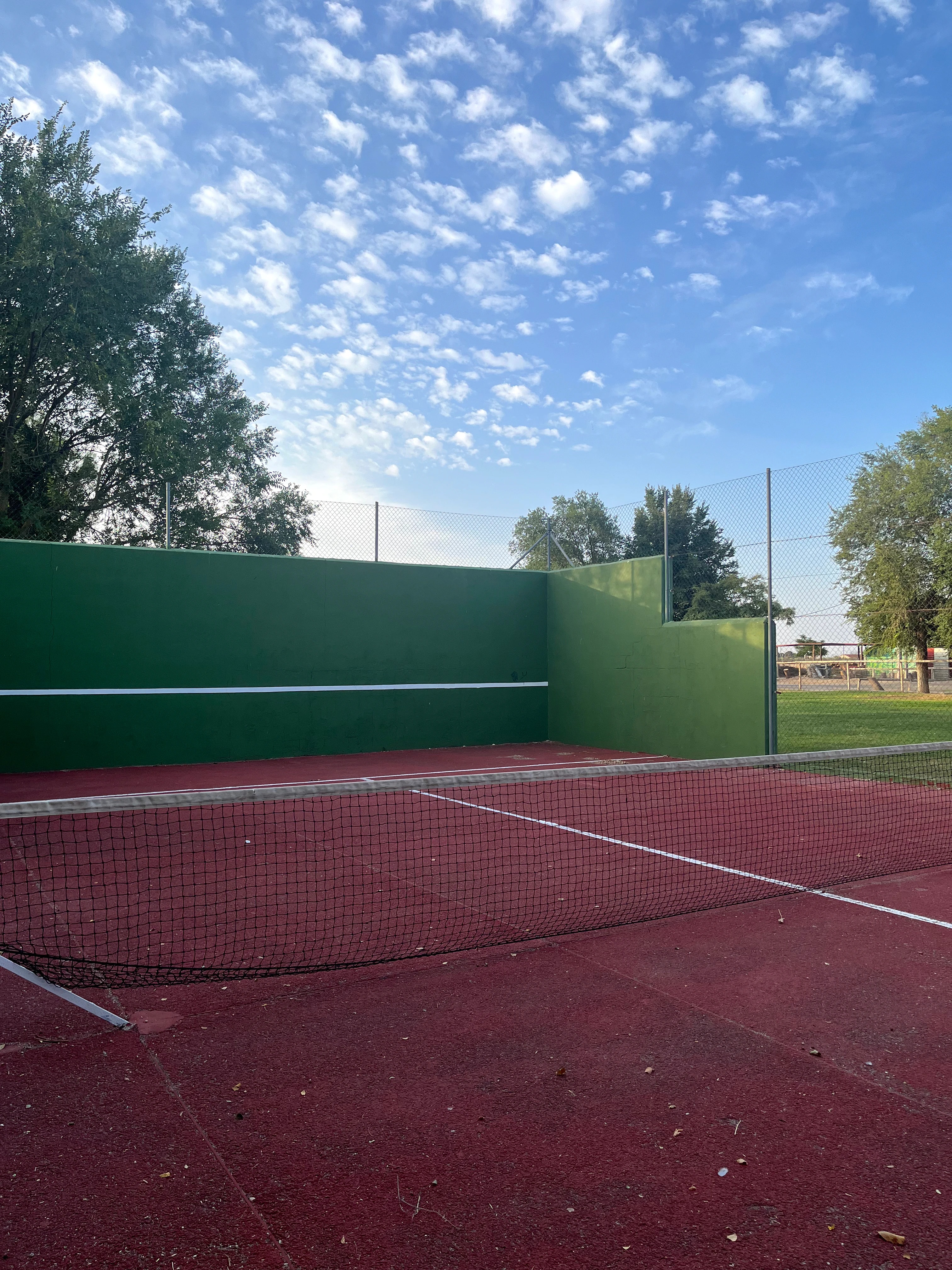 Pista deportiva exterior con red y pared verde