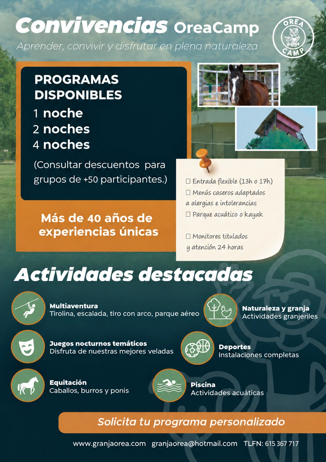 Flyer de convivencias Orea Camp, sin tarifas ni código QR