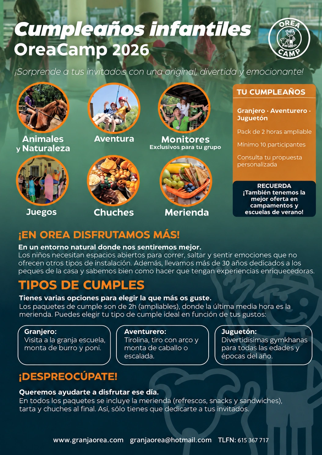 Flyer de cumpleaños infantiles Orea Camp 2026, sin tarifas