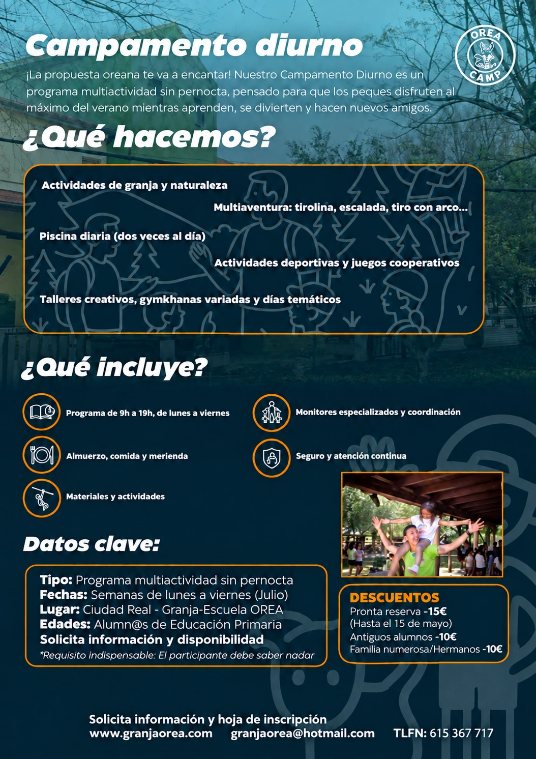 Flyer de Campamento diurno de Orea Camp, sin tarifas ni código QR