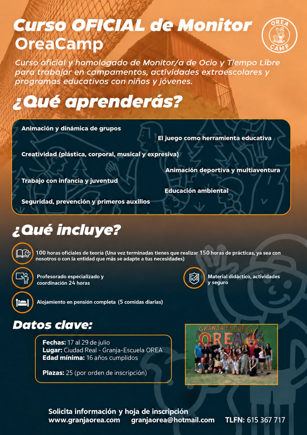 Flyer del curso oficial de monitor de Orea Camp, sin tarifas ni código QR