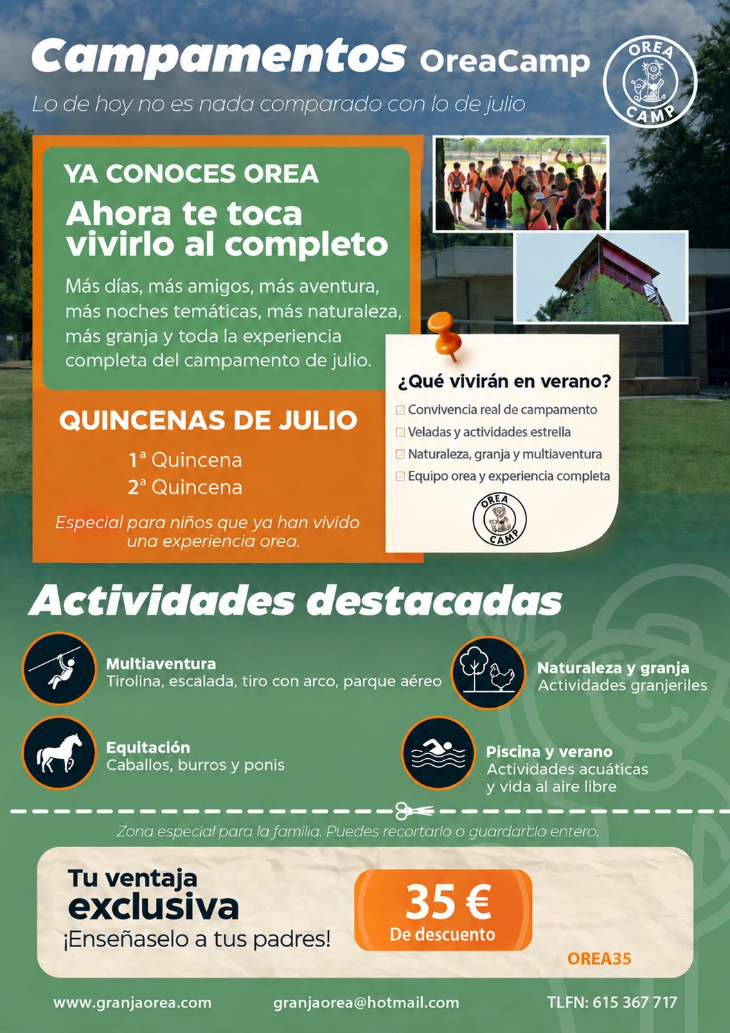 Flyer de las quincenas de Orea Camp con cupón de 35 euros de descuento, sin tarifas ni código QR